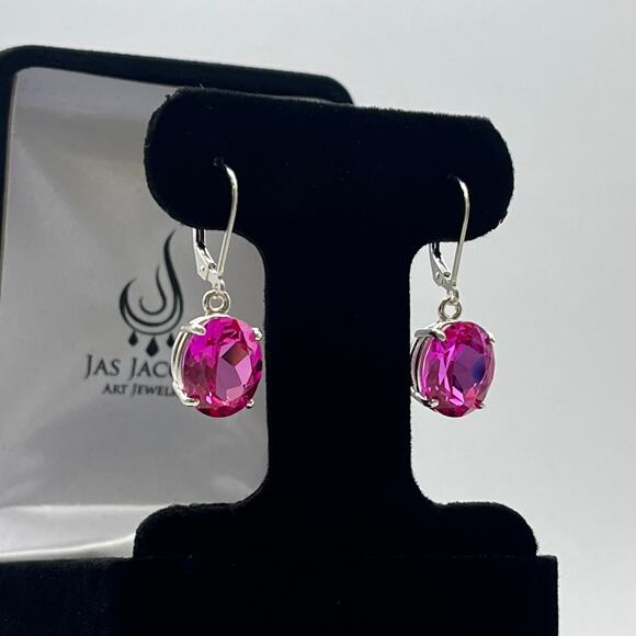 BEAUTIFUL 10ctw Oval Cut Bright Pink Sapphire Earrings in Sterling Silver - Picture 4 of 7